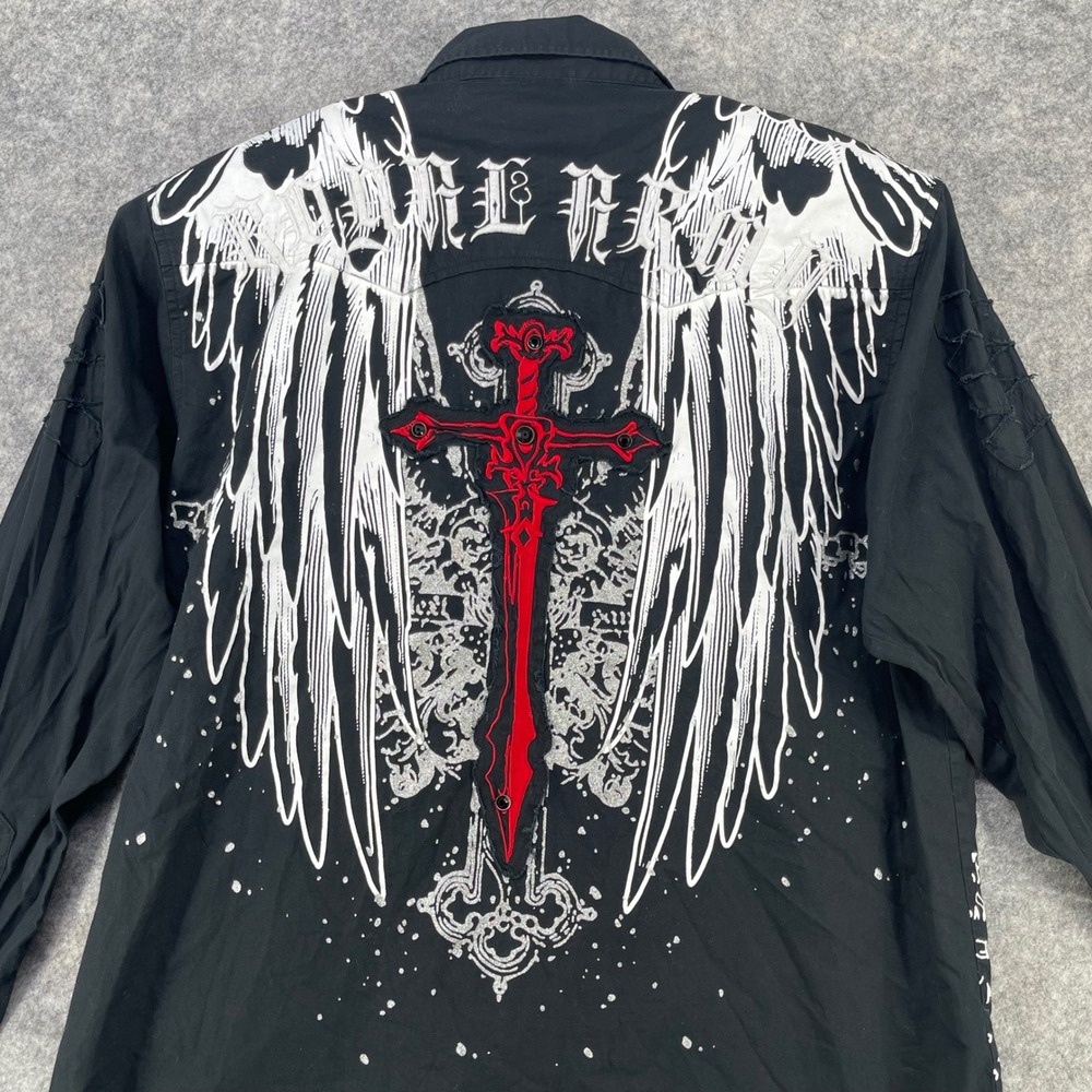 Royal Army Button Down Shirt Men 2XL Black Angel Wings Cross Gothic Distressed